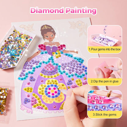 4 in 1 Princess Art Craft Kits, Foil Crafts Art Fun & Gem Painting, Makeup Diamond DIY Activity, Dress up Sticker Books,Travel Toys, Ideal Toys for Girls Ages 6 7 8+ Years Old
