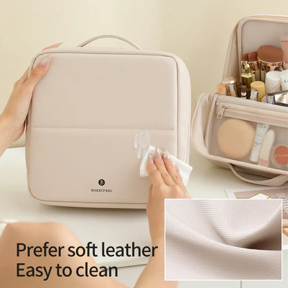 Waterproof Leather Makeup Bag for Travel, Clean Girl Vanity Organizer with Luggage Strap