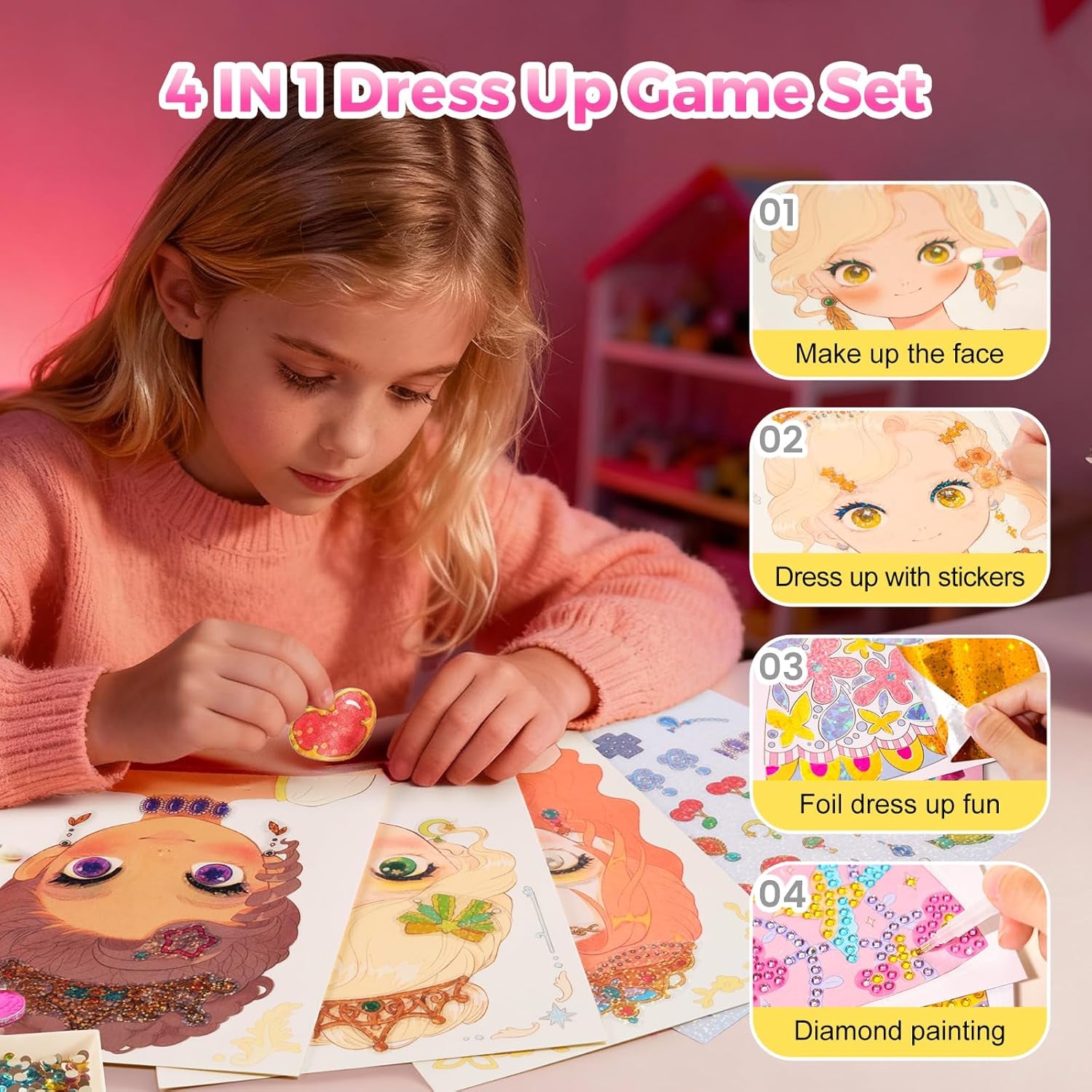 4 in 1 Princess Art Craft Kits, Foil Crafts Art Fun & Gem Painting, Makeup Diamond DIY Activity, Dress up Sticker Books,Travel Toys, Ideal Toys for Girls Ages 6 7 8+ Years Old