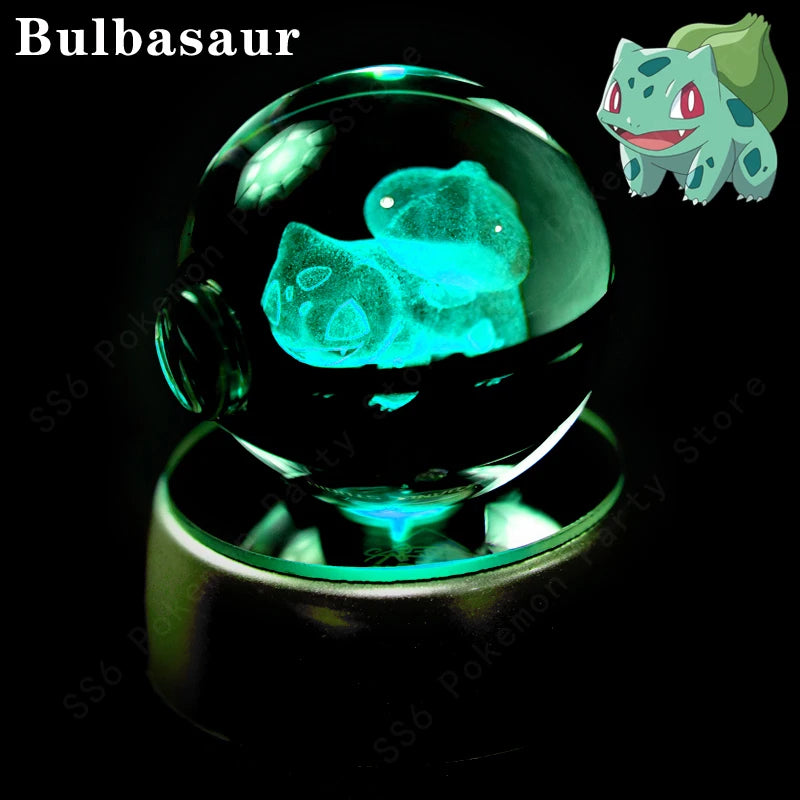 Pokemon Crystal Ball 3D Pikachu Mewtwo Gengar Pokeball 3D Night Light Lamp Glass Statue Pokemon Crystal Ball Kids Birthday Gift