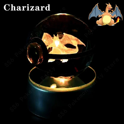 Pokemon Crystal Ball 3D Pikachu Mewtwo Gengar Pokeball 3D Night Light Lamp Glass Statue Pokemon Crystal Ball Kids Birthday Gift