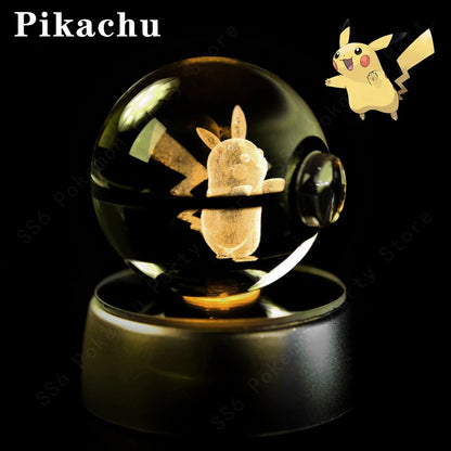 Pokemon Crystal Ball 3D Pikachu Mewtwo Gengar Pokeball 3D Night Light Lamp Glass Statue Pokemon Crystal Ball Kids Birthday Gift