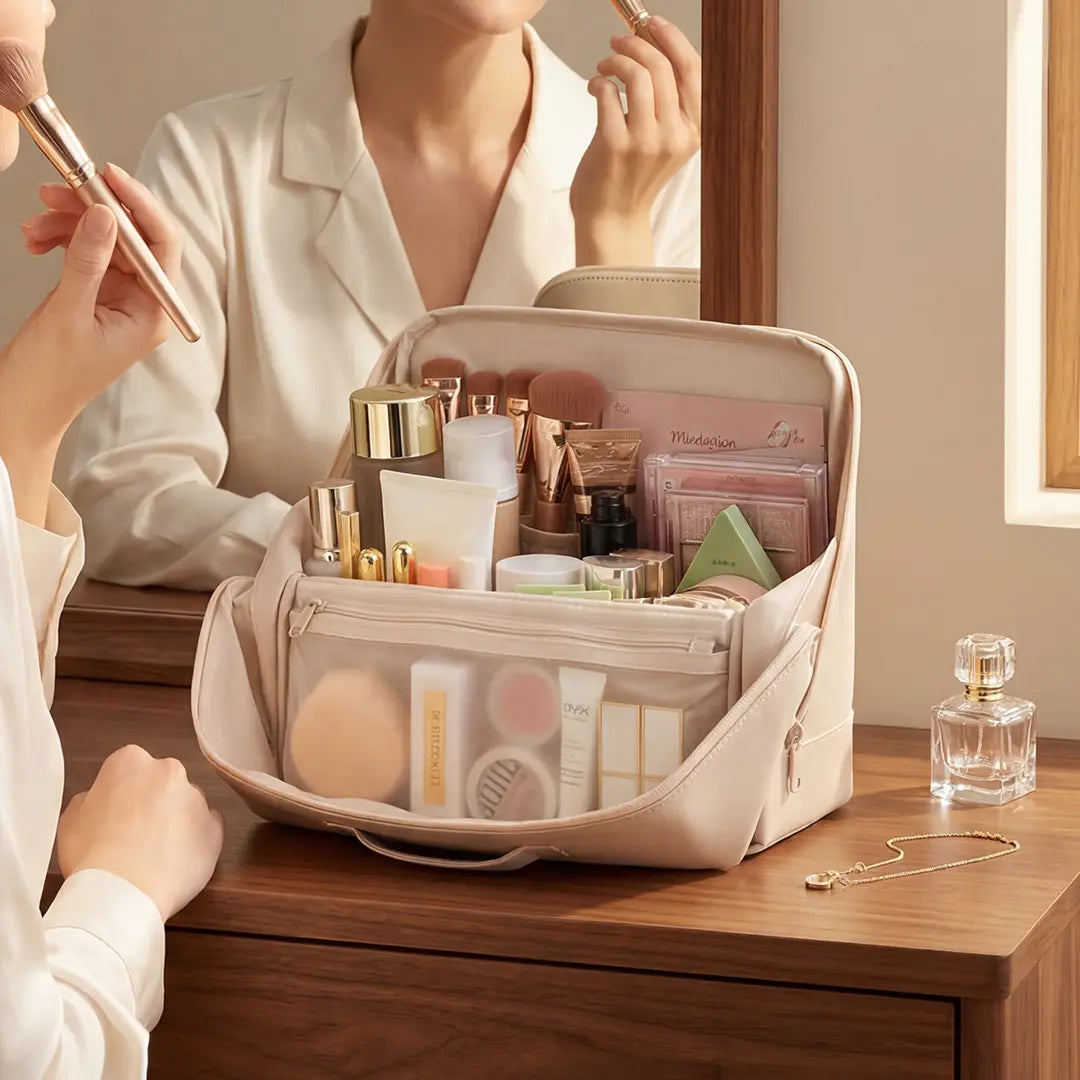 Waterproof Leather Makeup Bag for Travel, Clean Girl Vanity Organizer with Luggage Strap