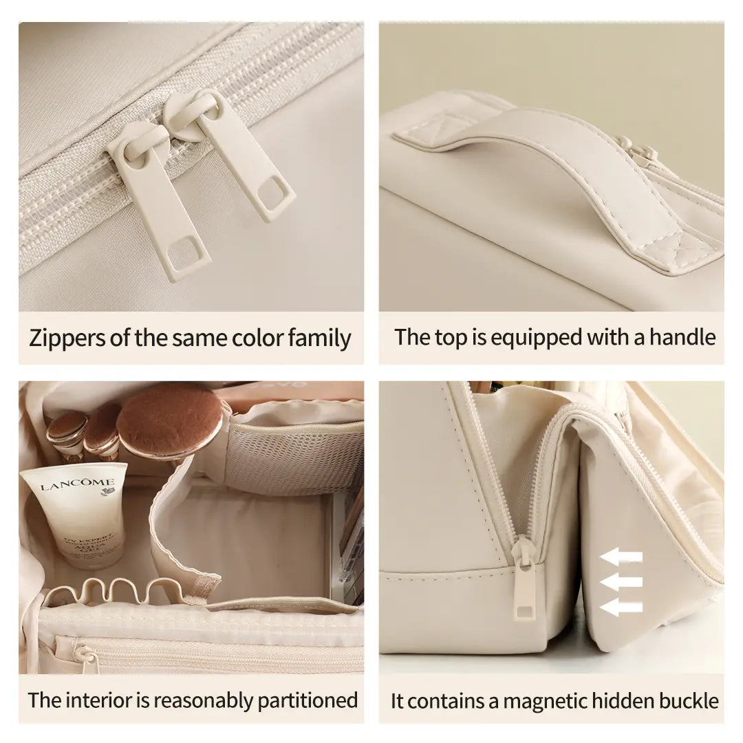 Waterproof Leather Makeup Bag for Travel, Clean Girl Vanity Organizer with Luggage Strap