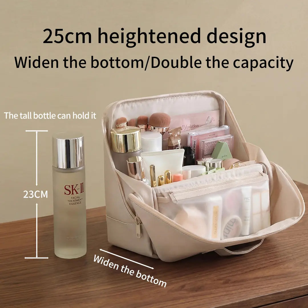 Waterproof Leather Makeup Bag for Travel, Clean Girl Vanity Organizer with Luggage Strap
