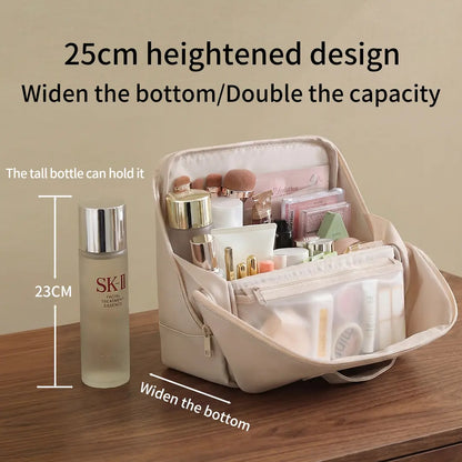 Waterproof Leather Makeup Bag for Travel, Clean Girl Vanity Organizer with Luggage Strap